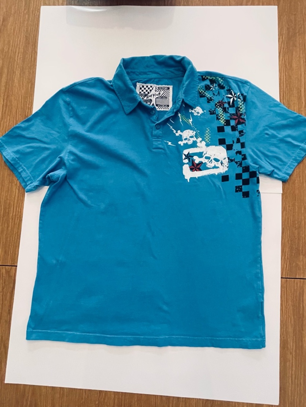 Turquoise Graphic Polo Shirt with Skull Print